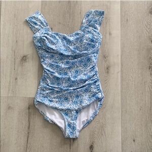 Albion Fit off the shoulder one piece, Blue & White Floral Swimsuit, like new!